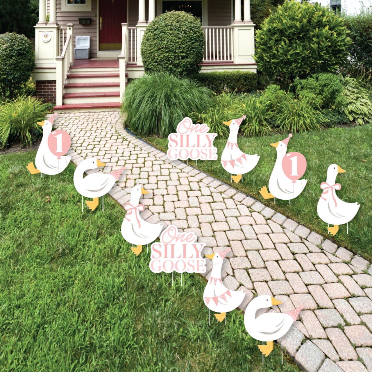 Big Dot of Happiness One Silly Goose Pink Outdoor Decorations, Girl 1st Birthday Lawn Ornaments, Goose-Themed Yard Signs with Stakes - 10 Piece Set